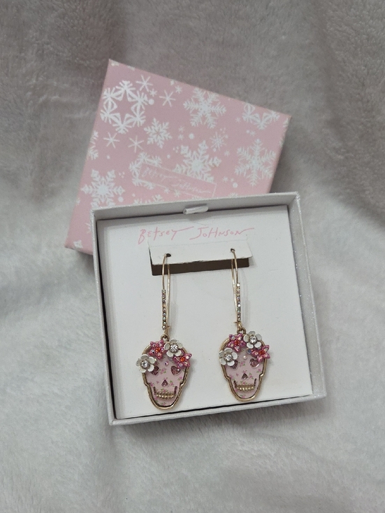 Betsey Johnson Jewelry - Betsey Johnson Pink Floral Skull Drop Earrings